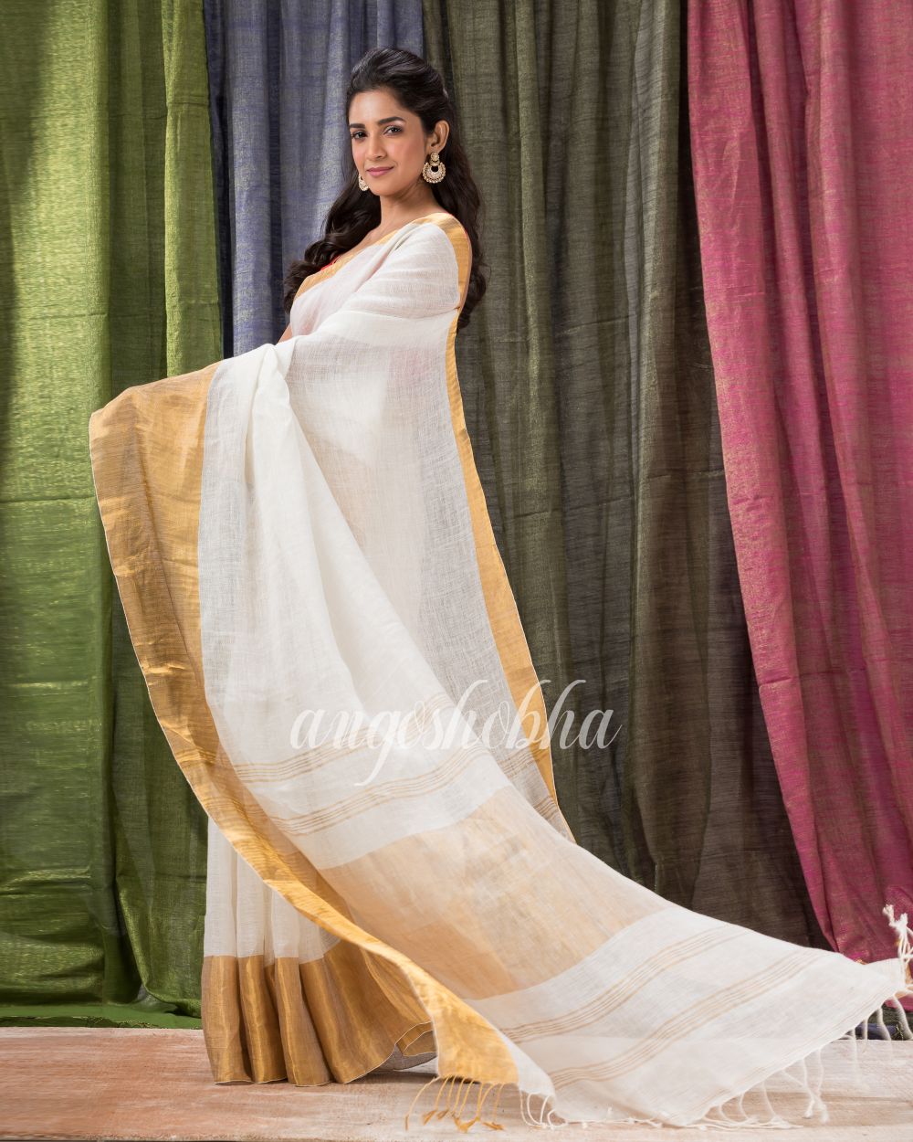 White Traditional Handloom Linen Saree angoshobha