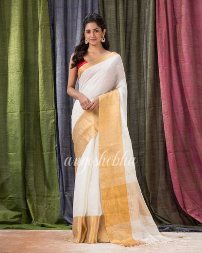 White Traditional Handloom Linen Saree angoshobha