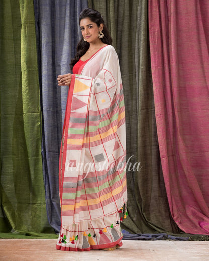 White Traditional Jamdani Cotton Saree angoshobha