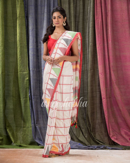 White Traditional Jamdani Cotton Saree angoshobha