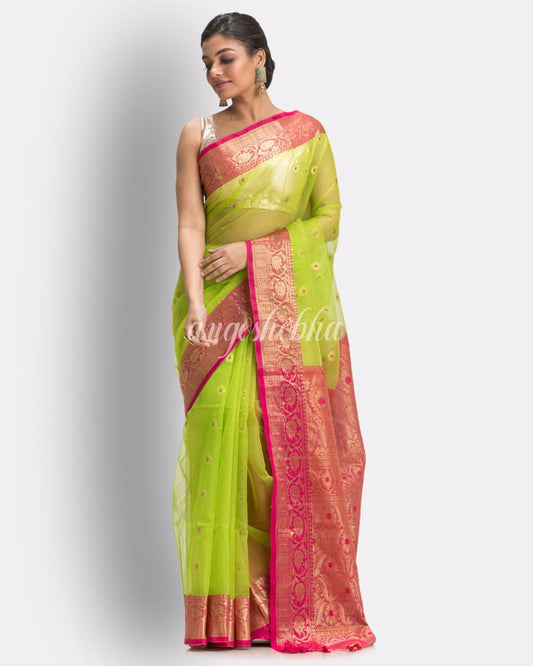 Women's Handloom Lemon Green Art Silk Kanchipuram Saree angoshobha