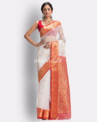 Women's Handloom White Art Silk Kanchipuram Saree angoshobha