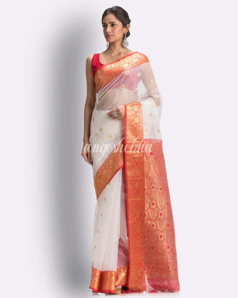 Women's Handloom White Art Silk Kanchipuram Saree angoshobha