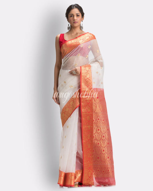 Women's Handloom White Art Silk Kanchipuram Saree angoshobha