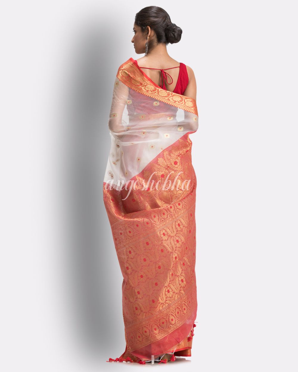 Women's Handloom White Art Silk Kanchipuram Saree angoshobha