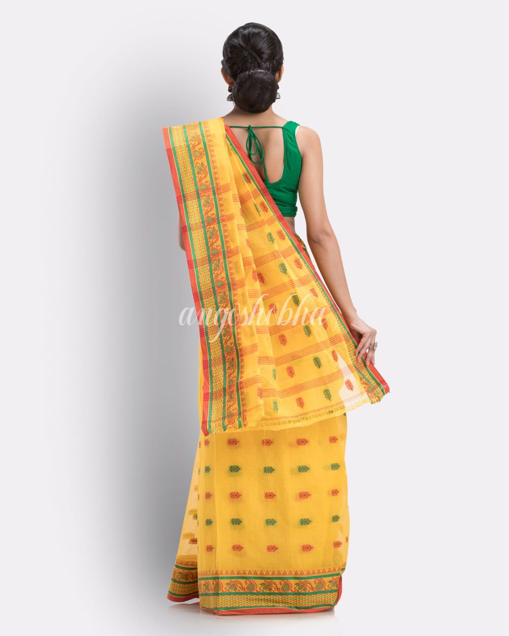 Woven Self Design Bengal Cotton Yellow Tangail Tant Saree angoshobha