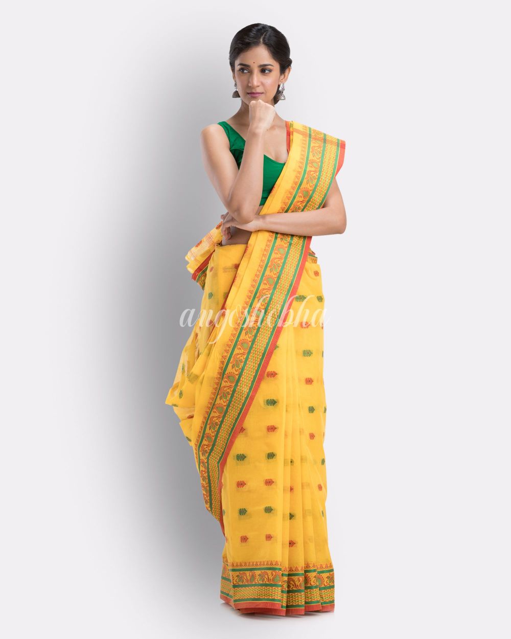 Woven Self Design Bengal Cotton Yellow Tangail Tant Saree angoshobha