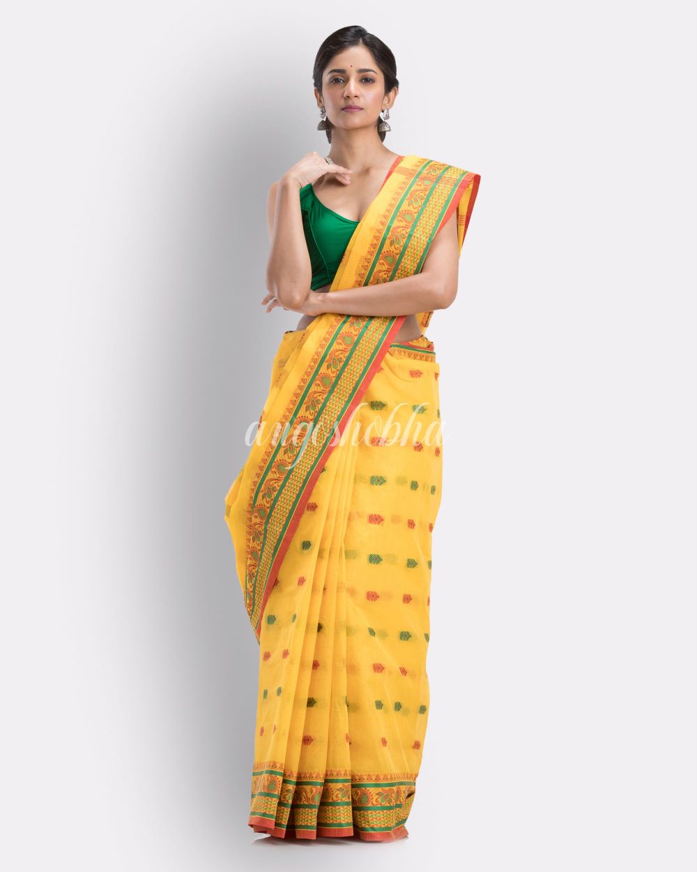 Woven Self Design Bengal Cotton Yellow Tangail Tant Saree angoshobha