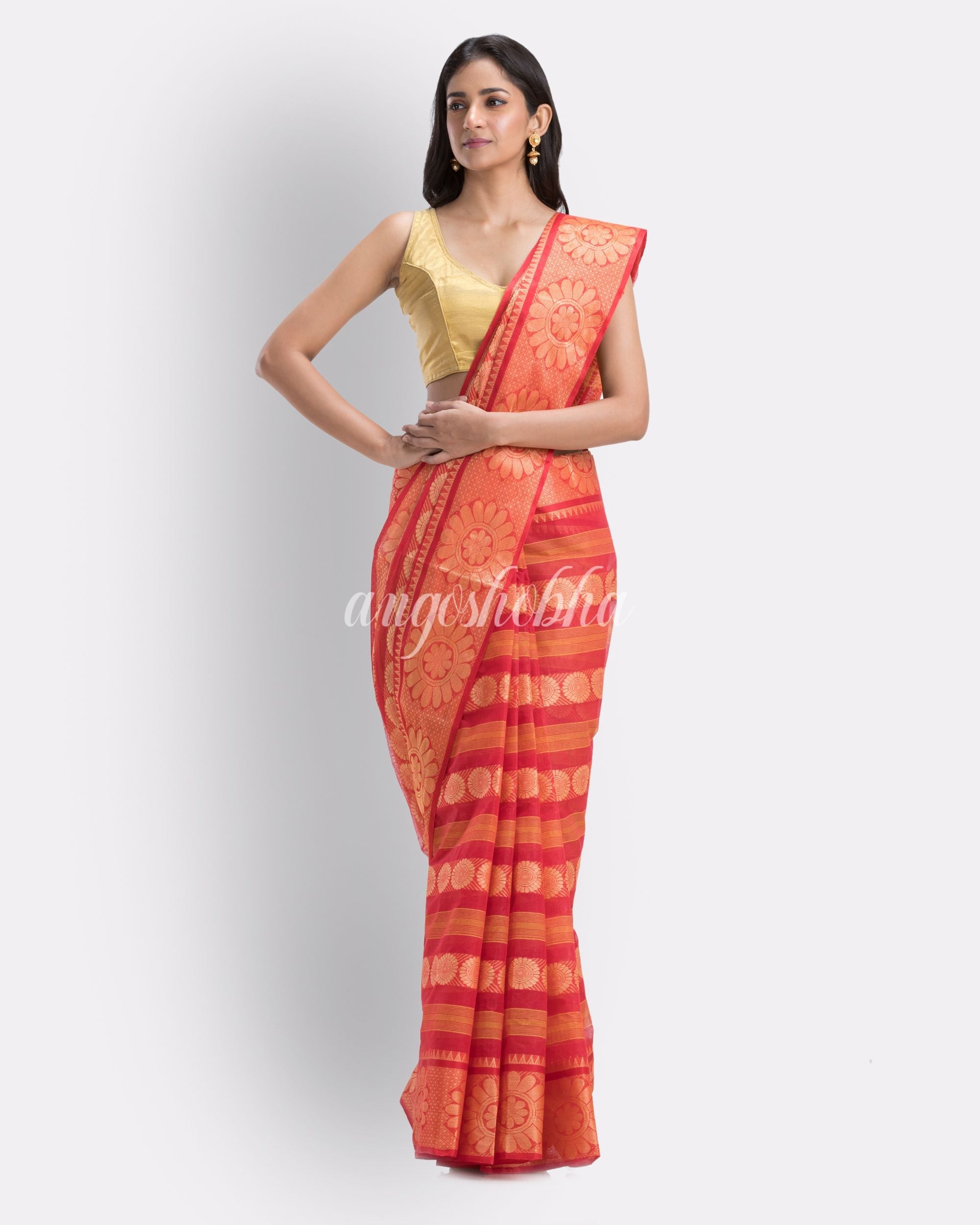 Woven Self Design Tant Pure Cotton Saree (Red) angoshobha