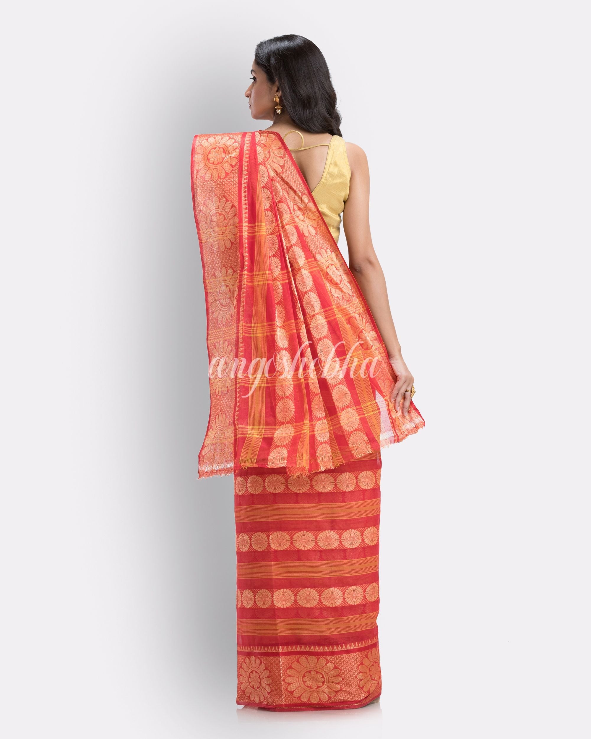 Woven Self Design Tant Pure Cotton Saree (Red) angoshobha