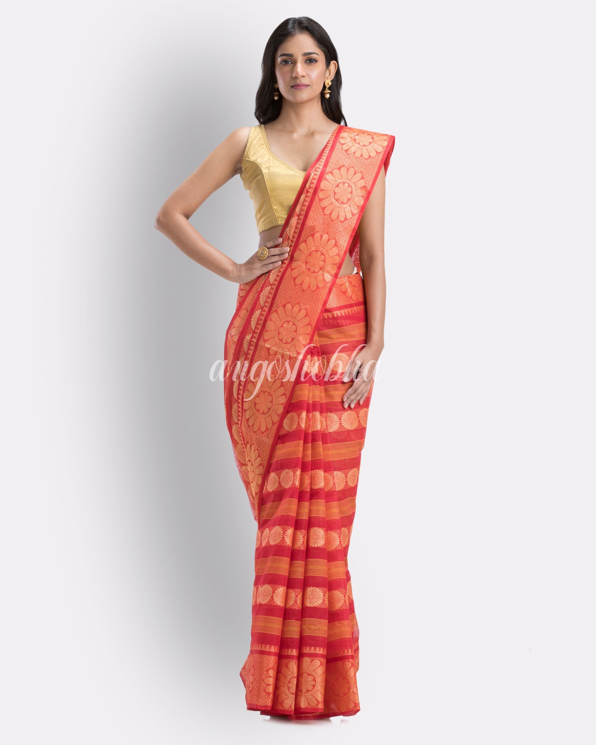 Woven Self Design Tant Pure Cotton Saree (Red) angoshobha