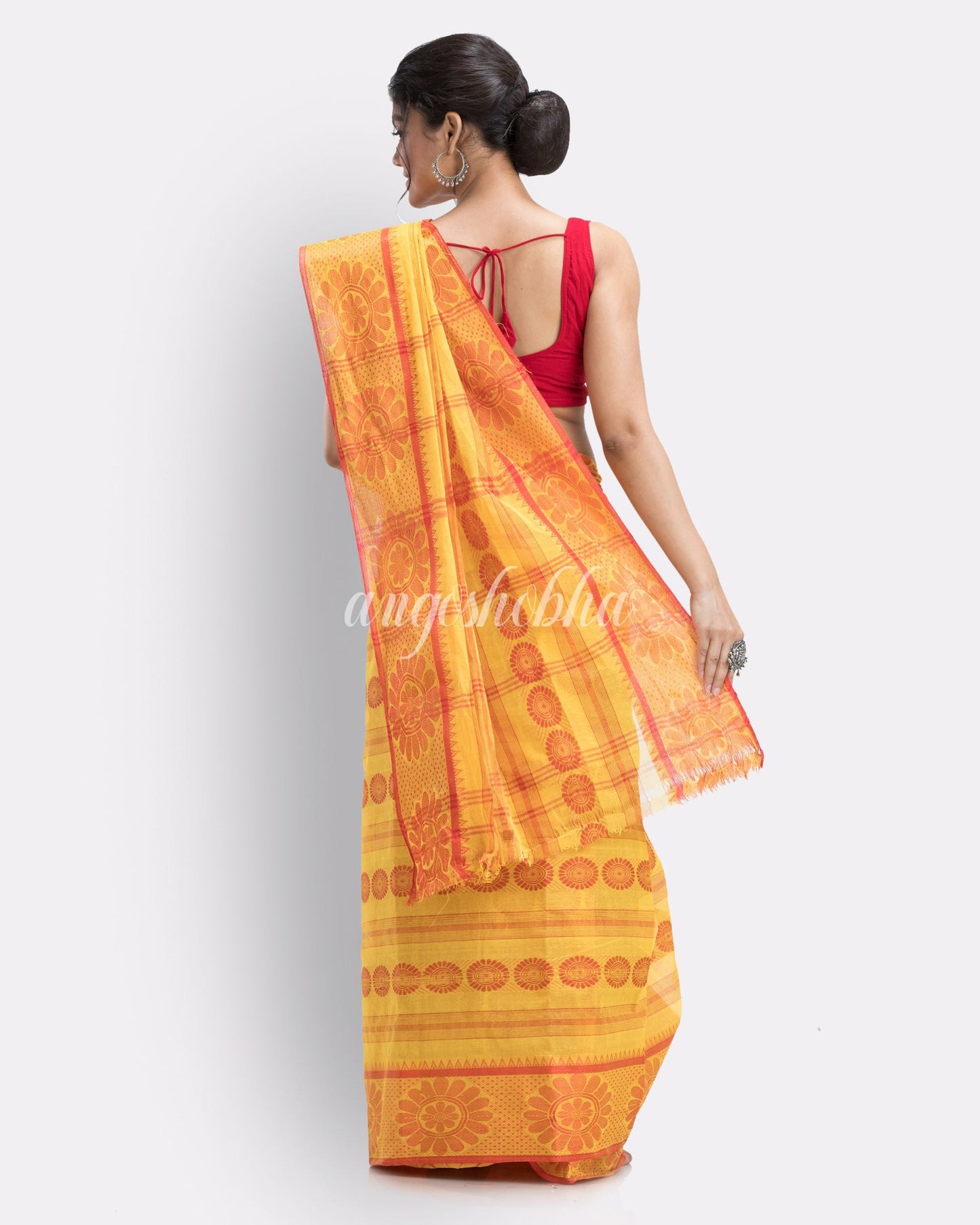 Woven Self Design Tant Pure Cotton Saree (Yellow) angoshobha