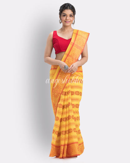 Woven Self Design Tant Pure Cotton Saree (Yellow) angoshobha