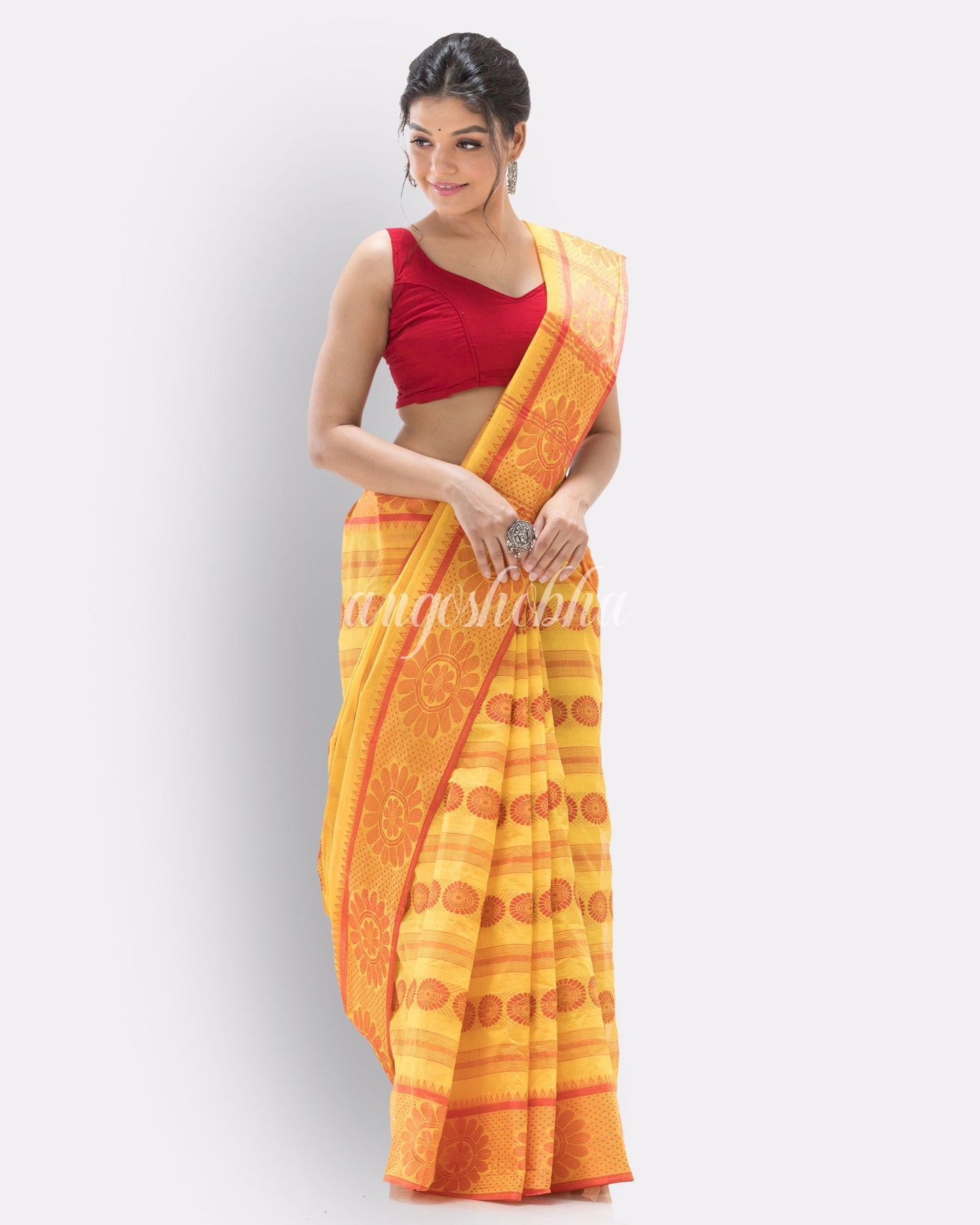 Yellow Woven Self Design Tant Pure Cotton Saree angoshobha