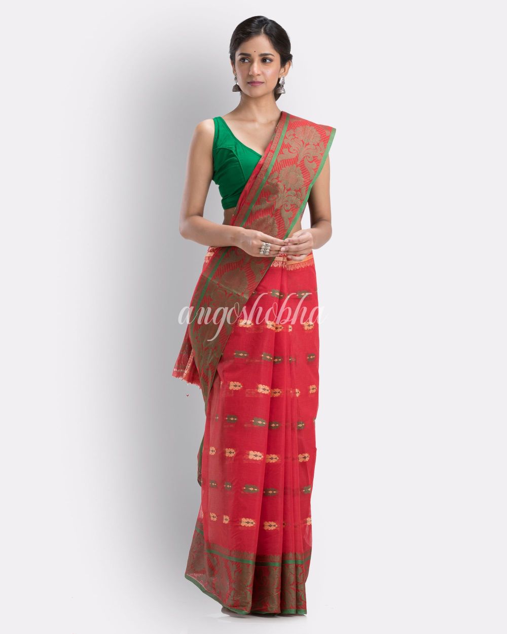 Woven Sunflower Self Design Maroon Tant Pure Cotton Saree angoshobha