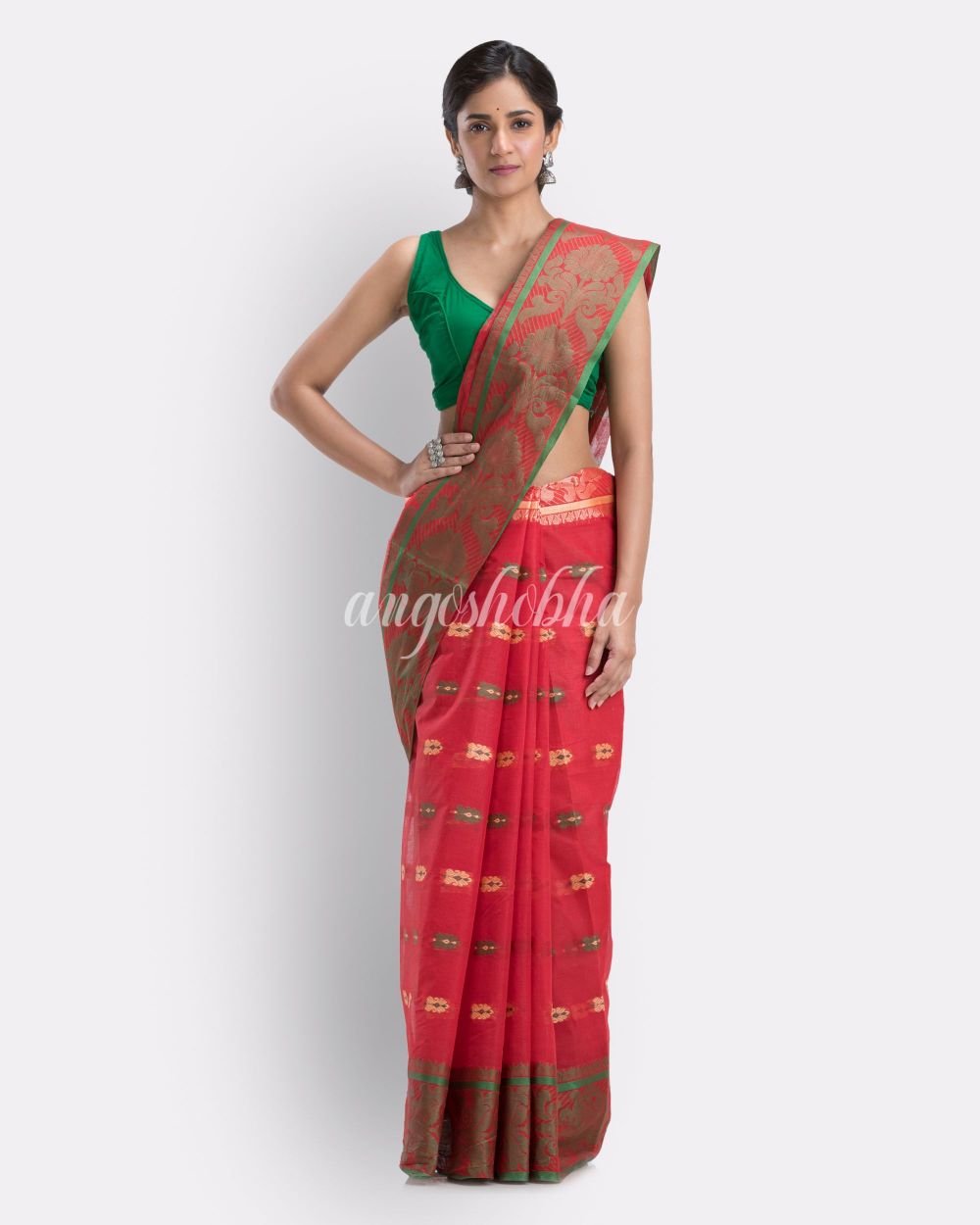 Woven Sunflower Self Design Maroon Tant Pure Cotton Saree angoshobha