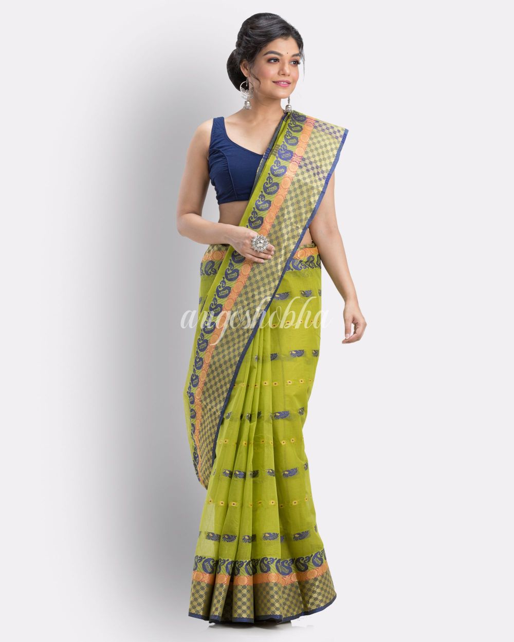 Woven Tant Pure Cotton Saree (Olive) angoshobha