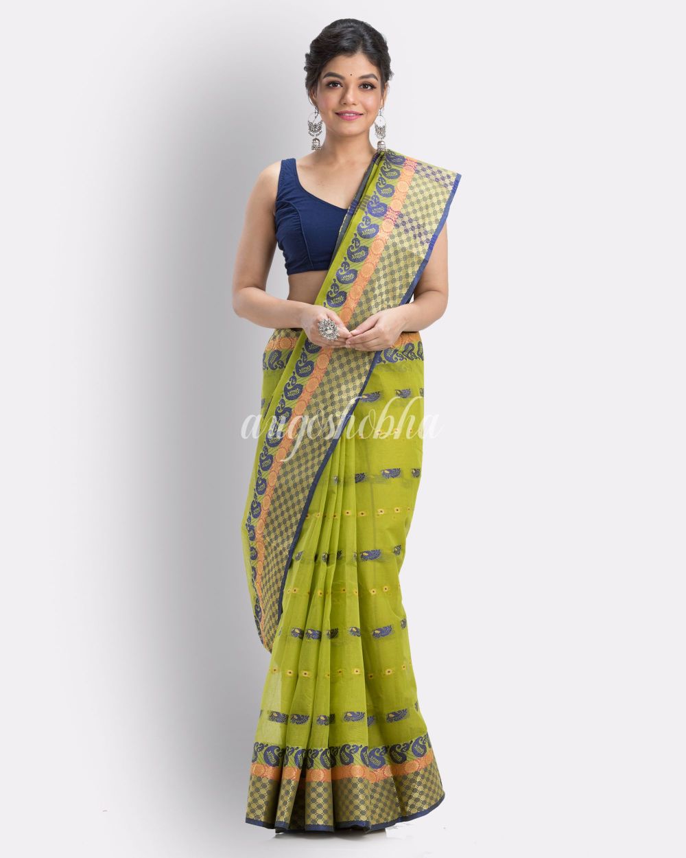 Woven Tant Pure Cotton Saree (Olive) angoshobha