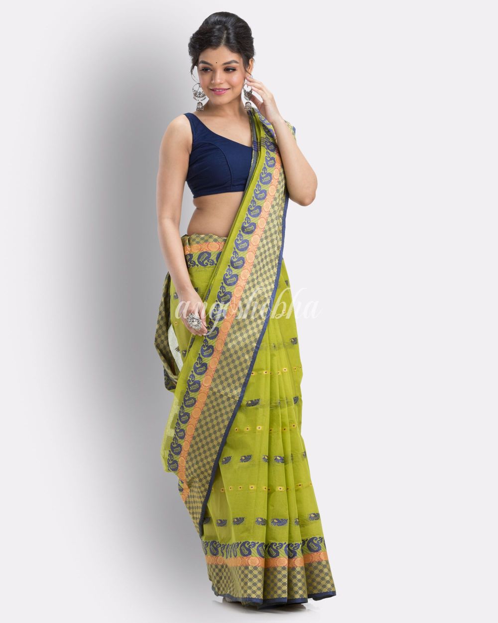 Woven Olive Tant Pure Cotton Saree angoshobha