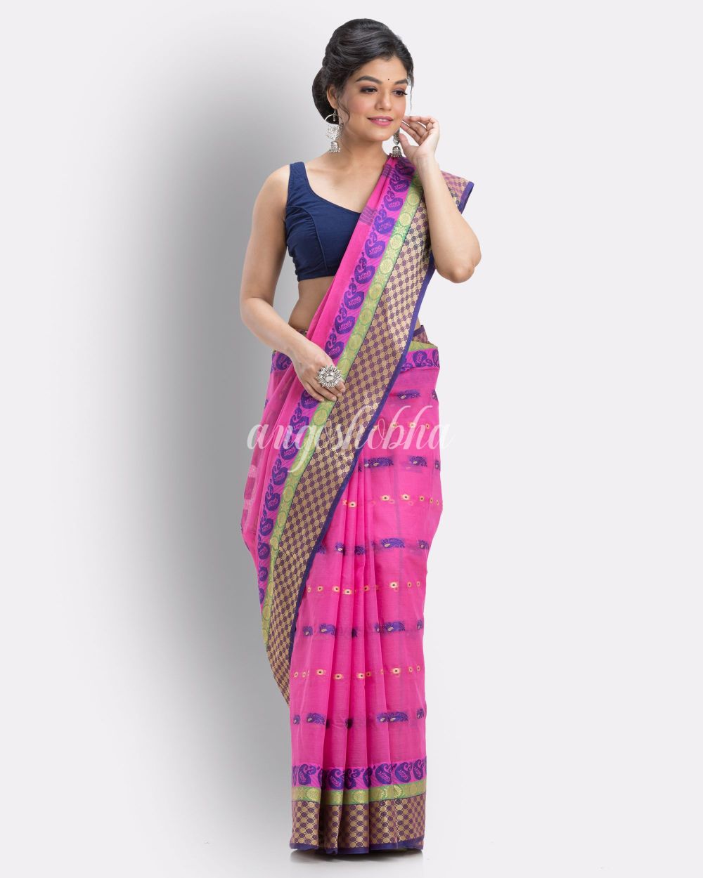 Woven Tant Pure Cotton Saree (Rani Pink) angoshobha