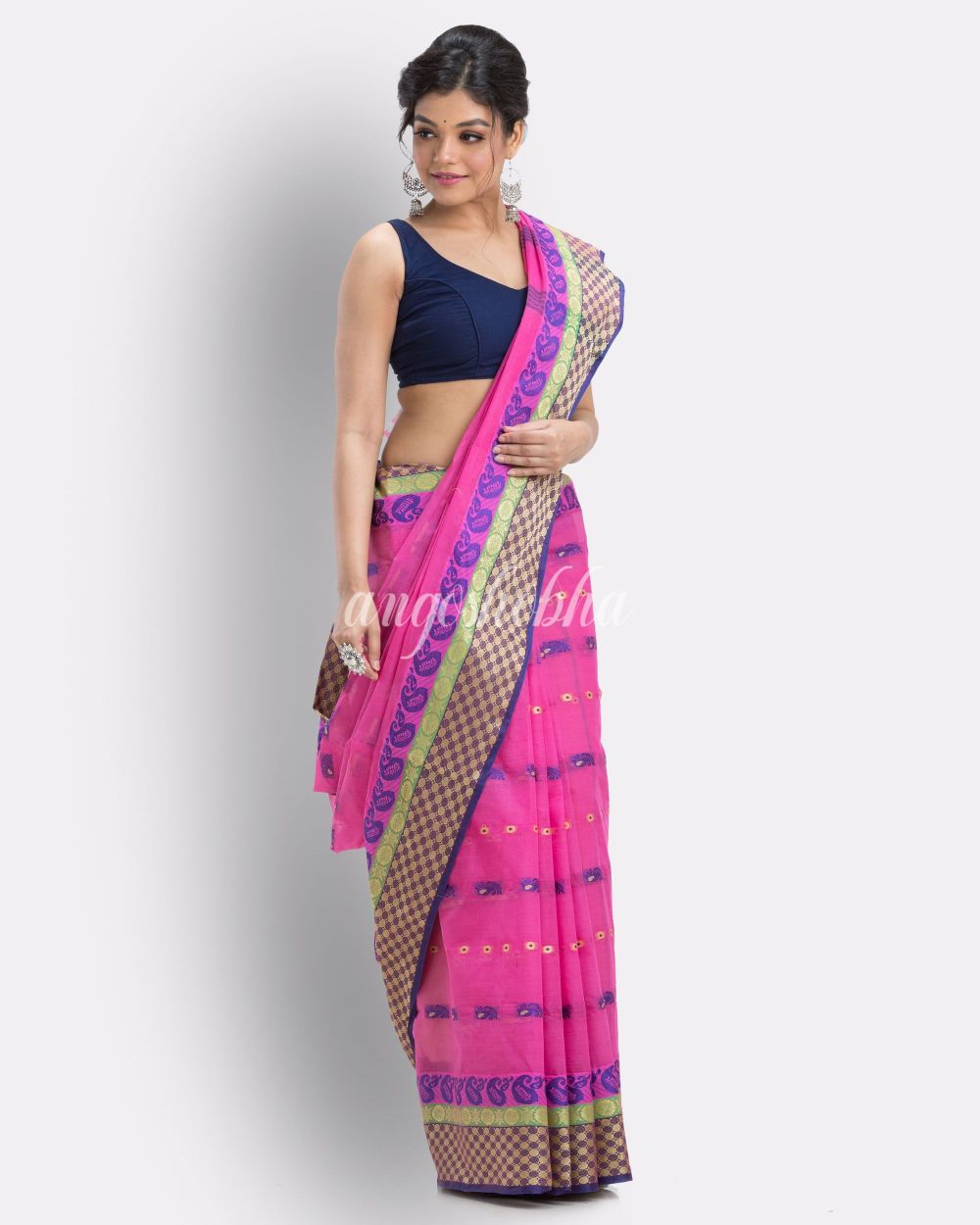 Woven Tant Pure Cotton Saree (Rani Pink) angoshobha