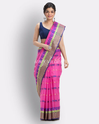 Woven Tant Pure Cotton Saree (Rani Pink) angoshobha