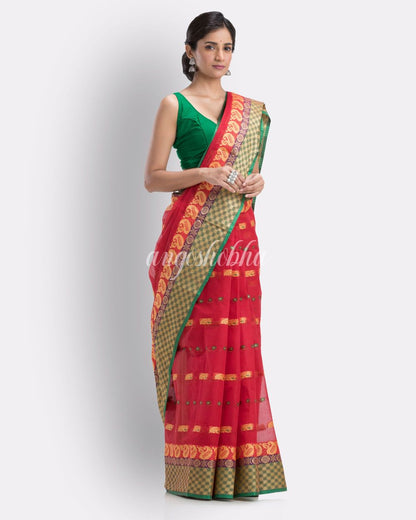 Woven Tant Pure Cotton Saree (Red) angoshobha