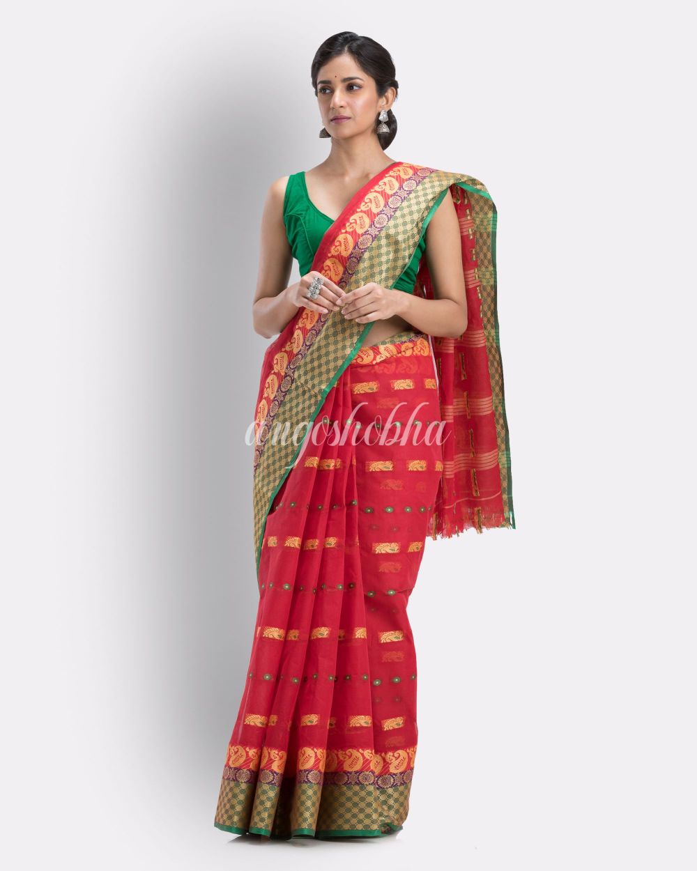 Woven Tant Pure Cotton Saree (Red) angoshobha