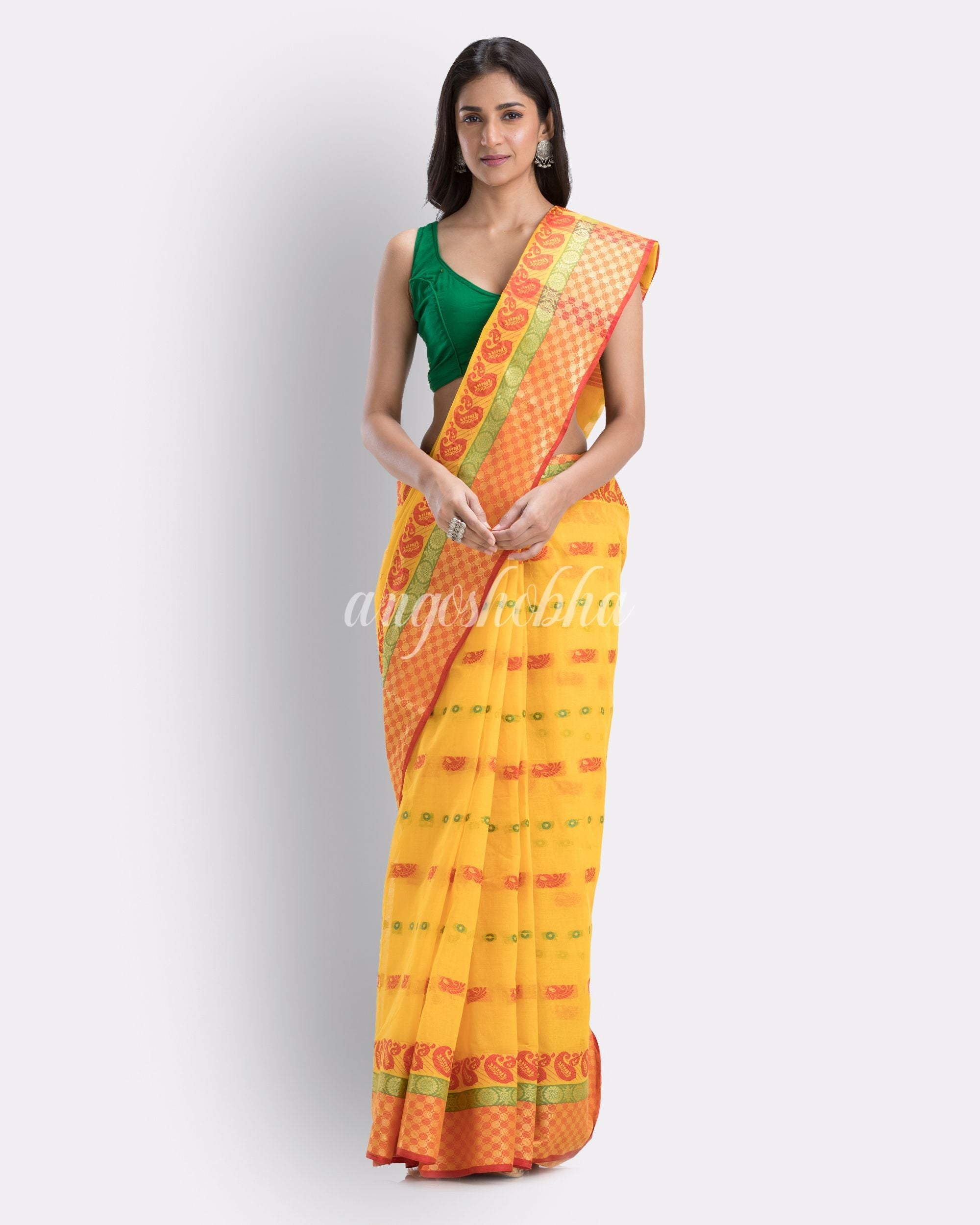 Woven Tant Pure Cotton Saree (Yellow) angoshobha