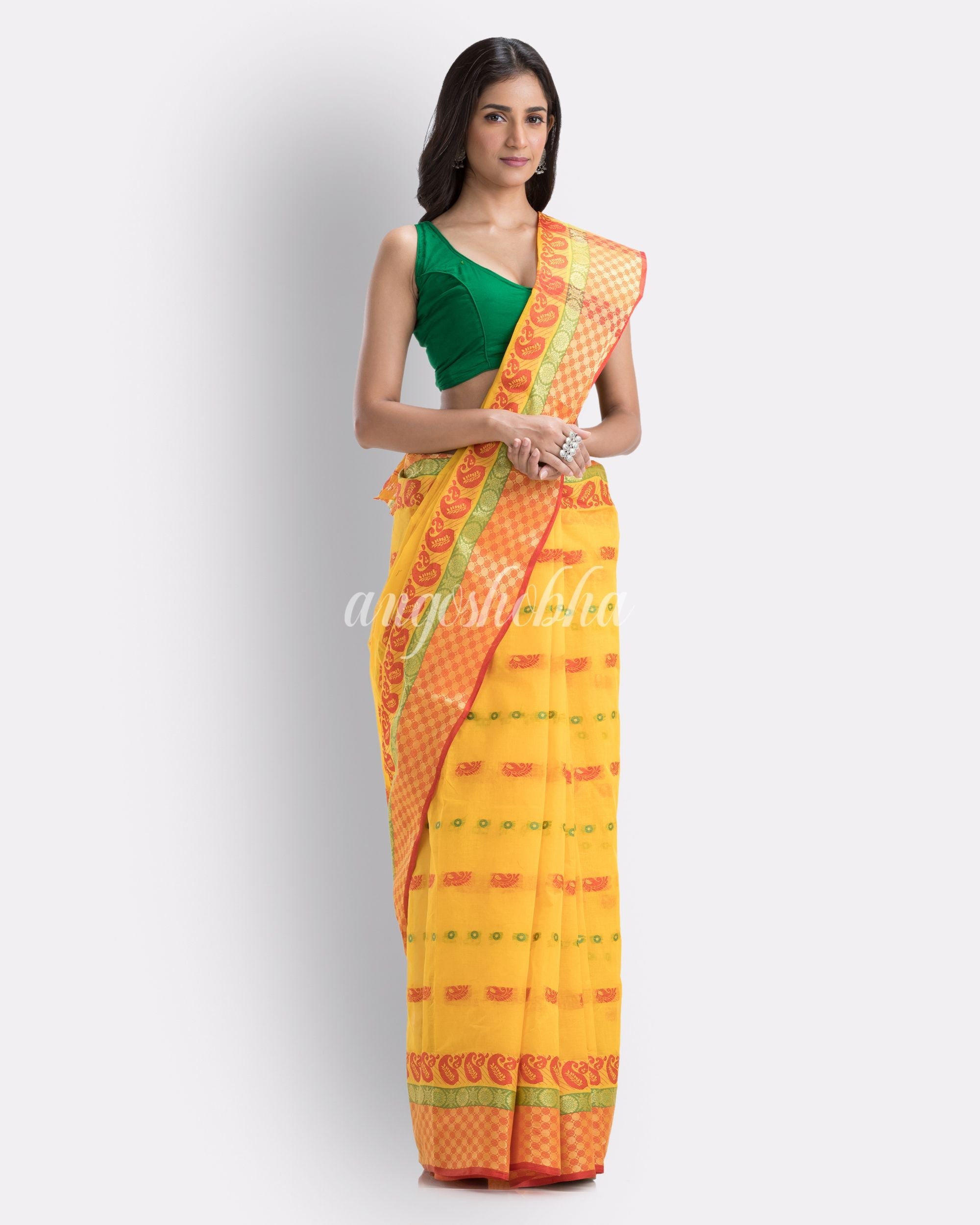 Woven Tant Pure Cotton Saree (Yellow) angoshobha