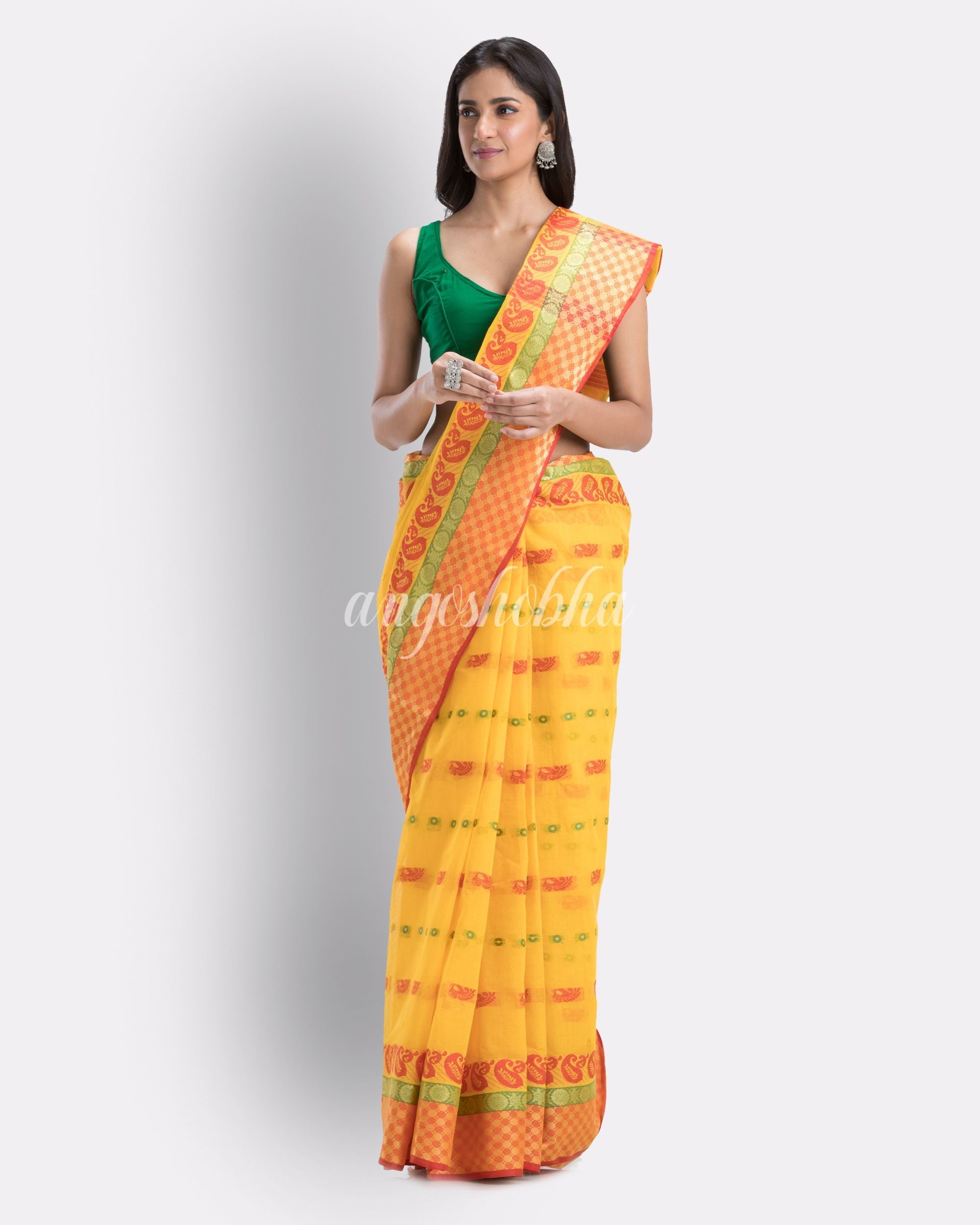 Woven Tant Pure Cotton Saree (Yellow) angoshobha