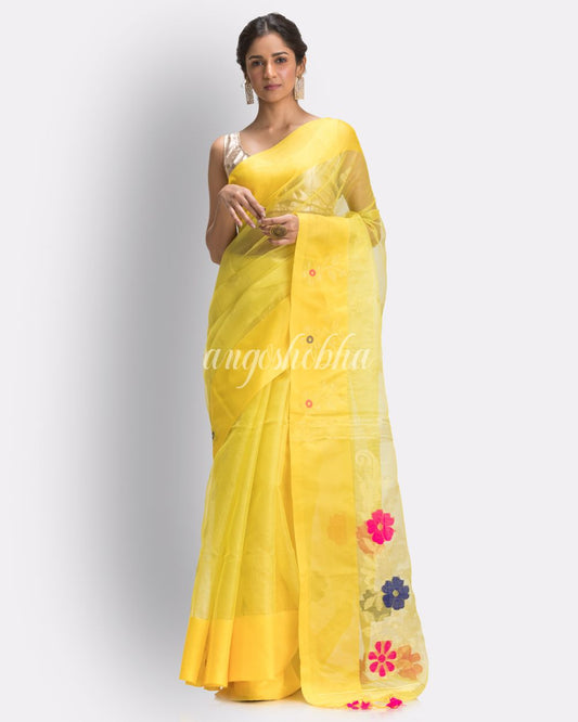 Yellow Art Silk Muslin Handloom Jamdani Saree angoshobha