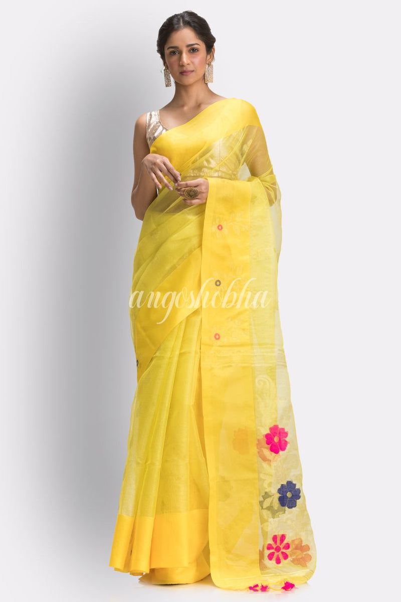 Yellow Art Silk Muslin Handloom Jamdani Saree