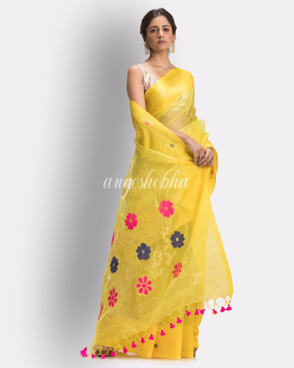 Yellow Art Silk Muslin Handloom Jamdani Saree angoshobha