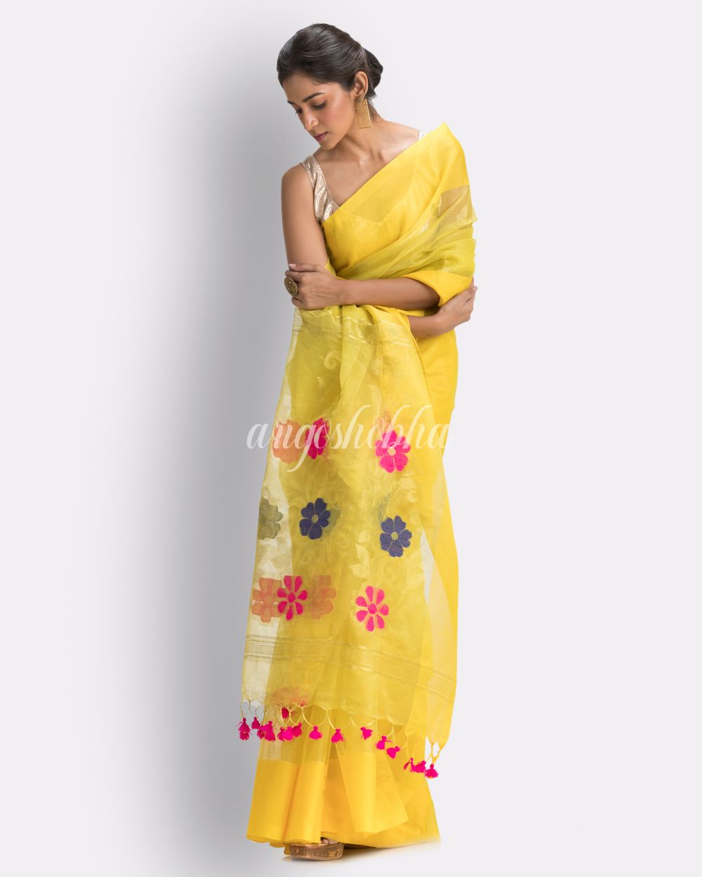 Yellow Art Silk Muslin Handloom Jamdani Saree angoshobha