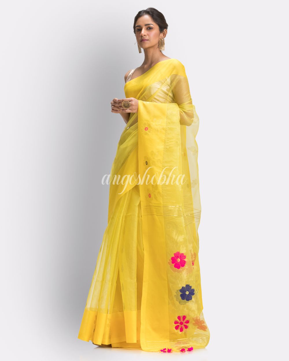 Yellow Art Silk Muslin Handloom Jamdani Saree angoshobha