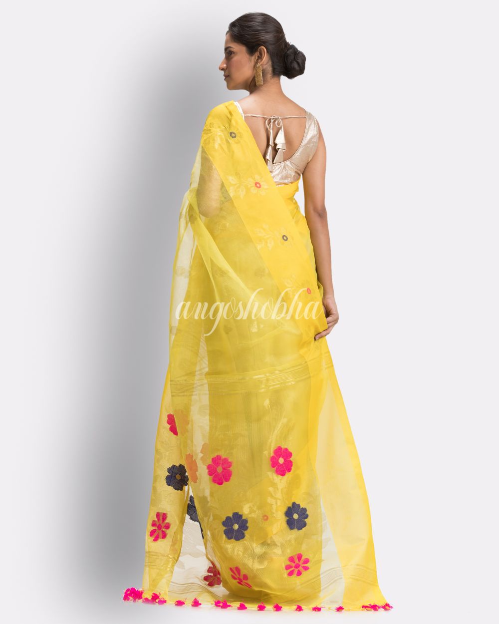 Yellow Art Silk Muslin Handloom Jamdani Saree angoshobha