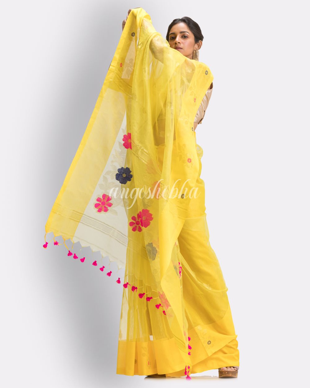 Yellow Art Silk Muslin Handloom Jamdani Saree angoshobha