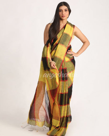 Yellow Black Traditional Check Linen Handloom Saree angoshobha