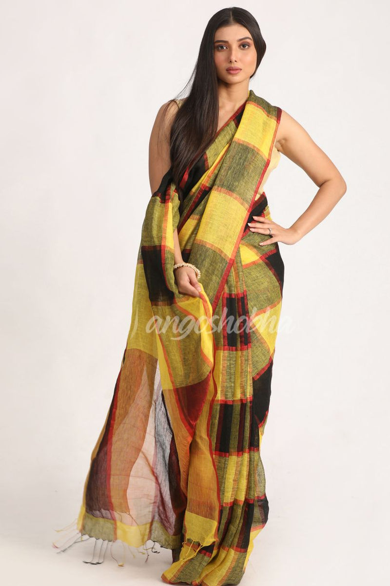 Yellow Black Traditional Check Linen Handloom Saree