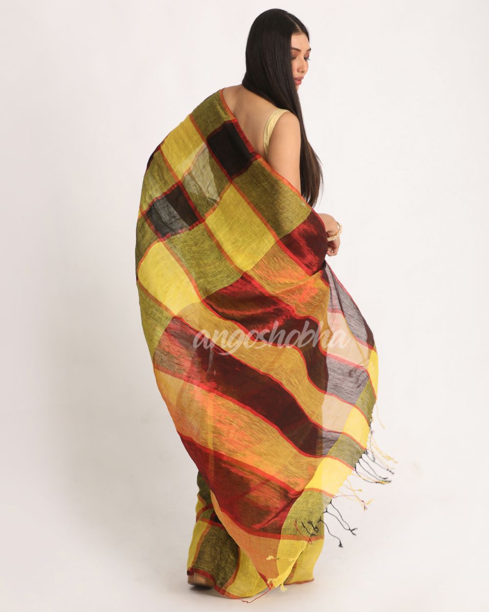 Yellow Black Traditional Check Linen Handloom Saree angoshobha