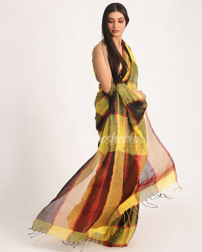 Yellow Black Traditional Check Linen Handloom Saree angoshobha