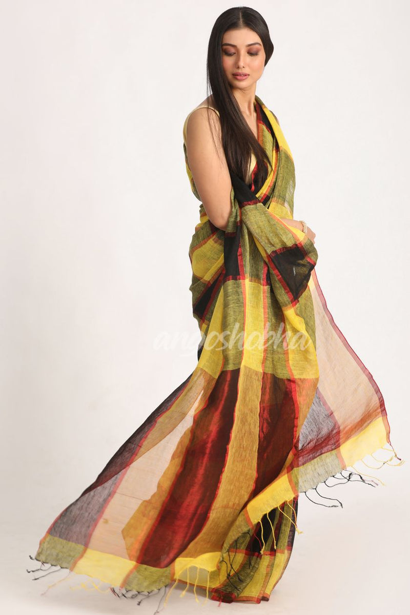Yellow Black Traditional Check Linen Handloom Saree