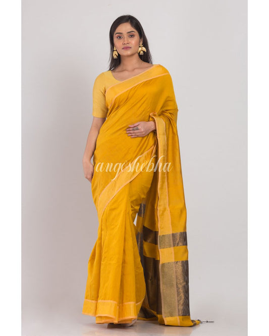 Yellow Blended Cotton Handloom Saree angoshobha