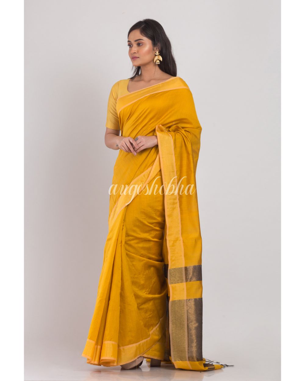 Yellow Blended Cotton Handloom Saree angoshobha