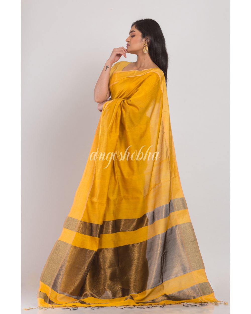 Yellow Blended Cotton Handloom Saree angoshobha