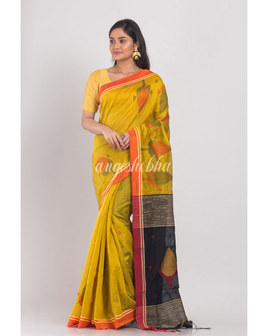 Yellow Blended Cotton Jamdani Saree angoshobha