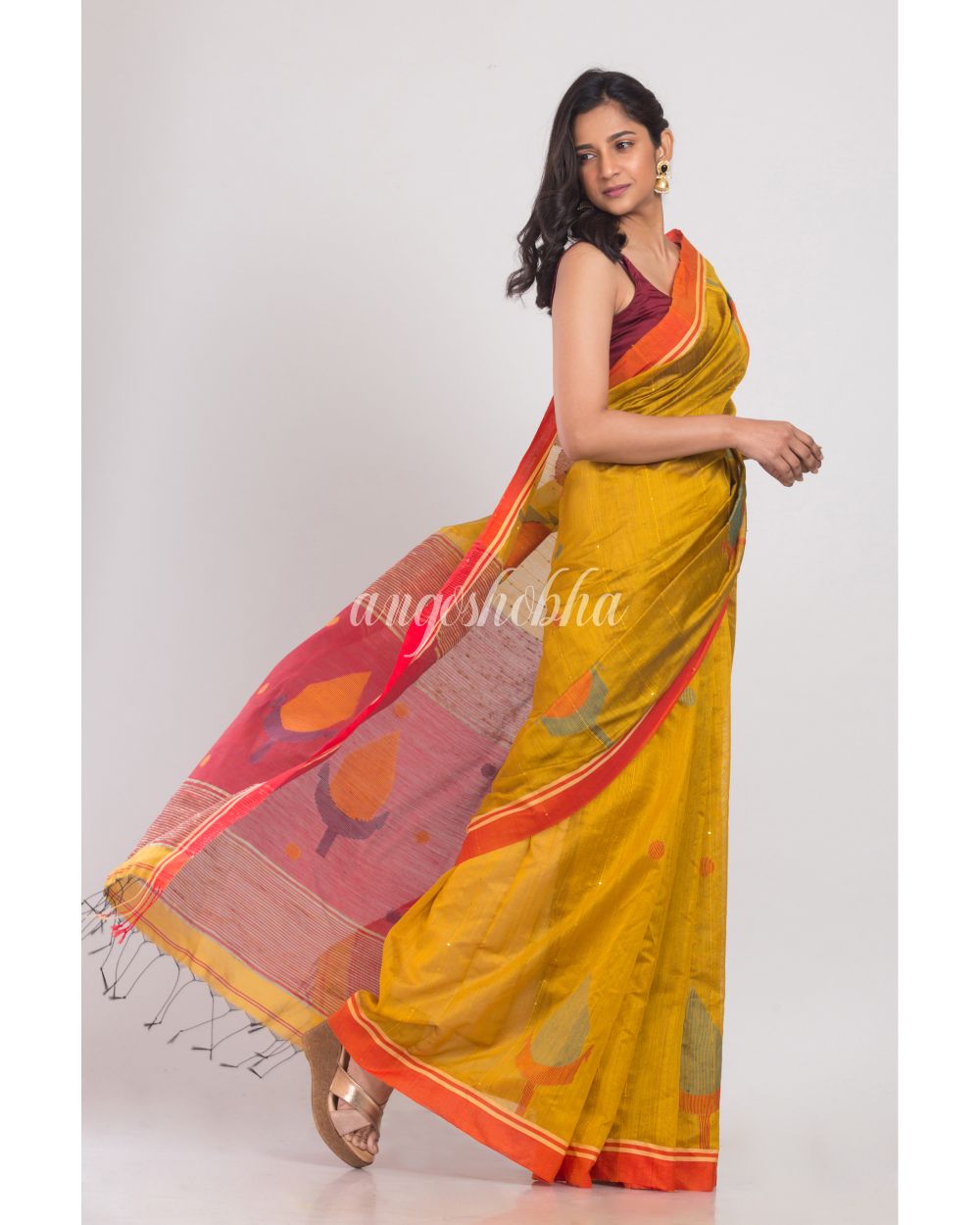 Yellow Blended Cotton  Silk Jamdani Saree angoshobha