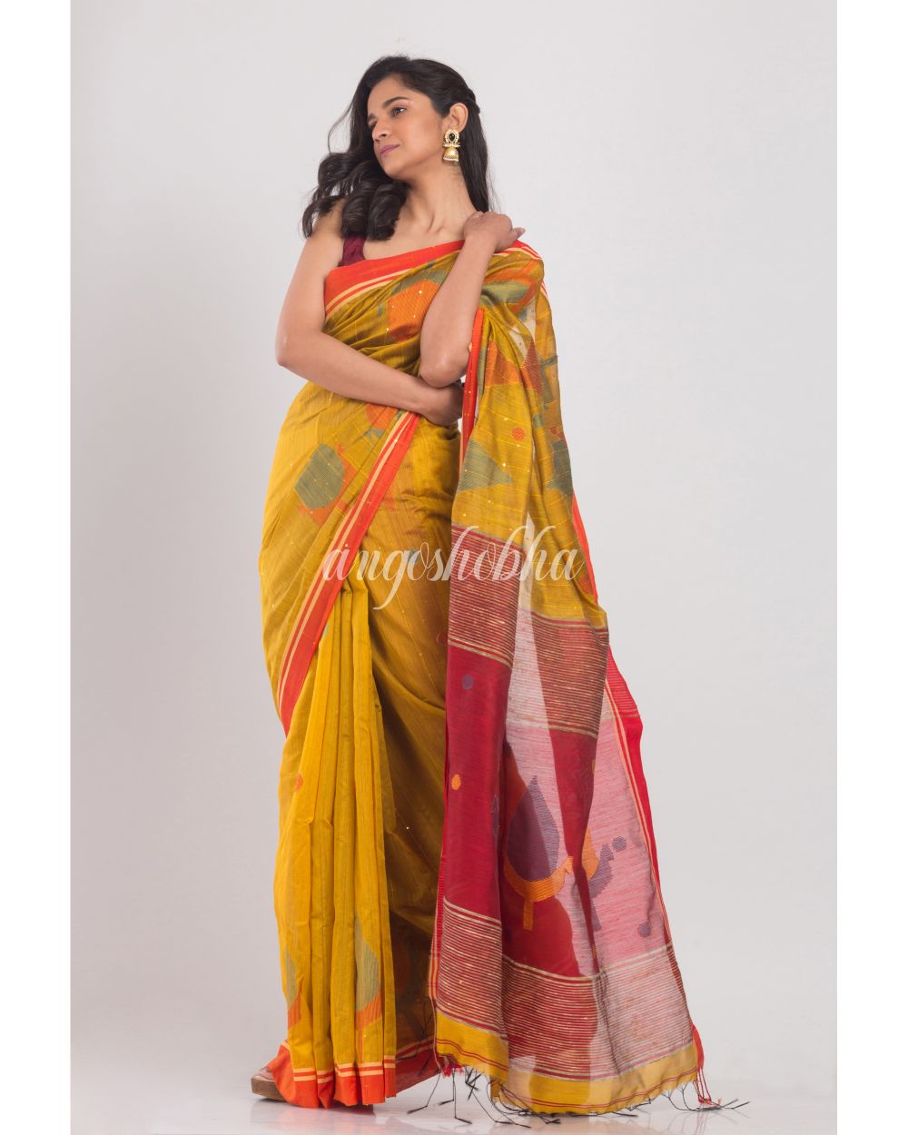 Yellow Blended Cotton  Silk Jamdani Saree angoshobha