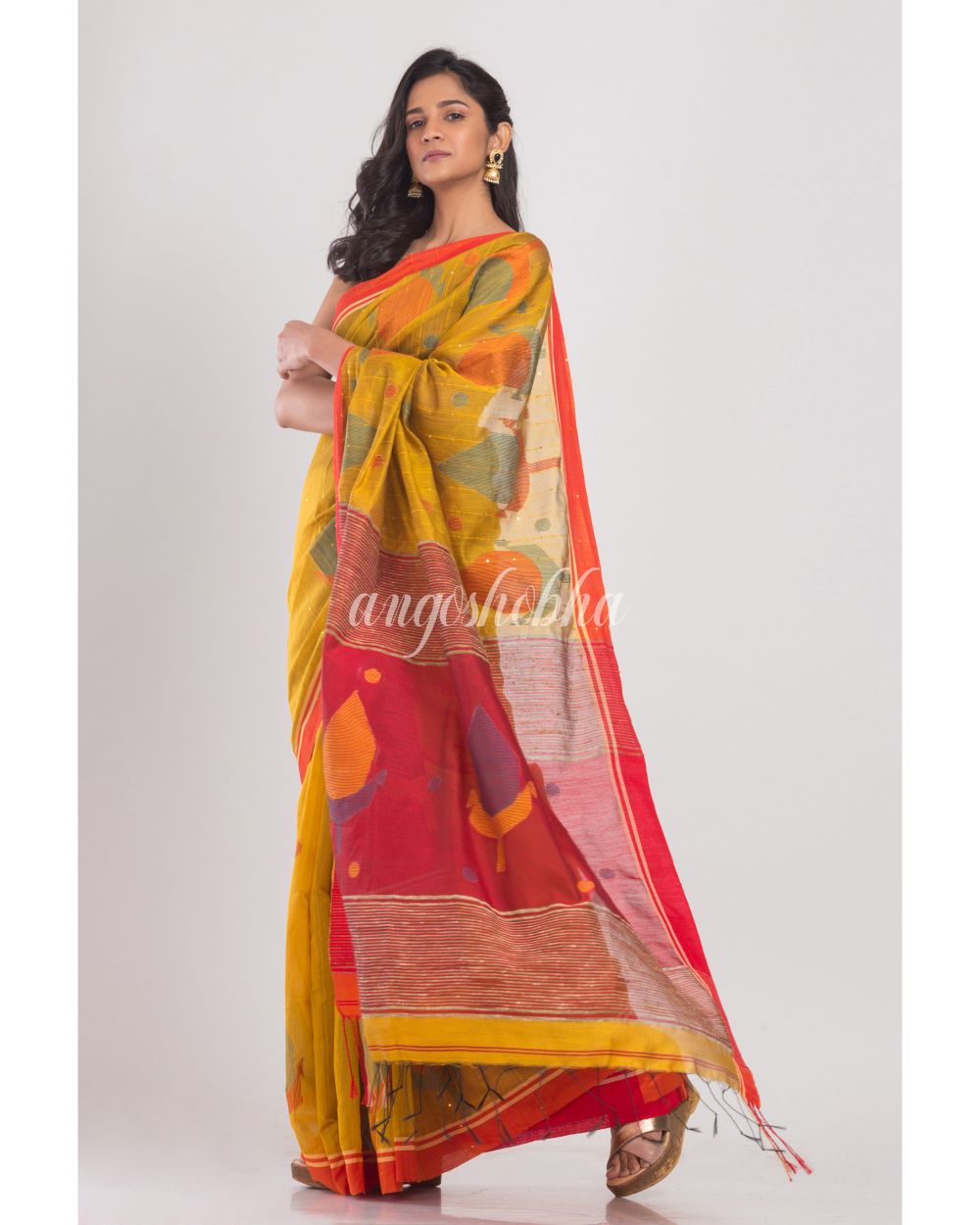 Yellow Blended Cotton  Silk Jamdani Saree angoshobha